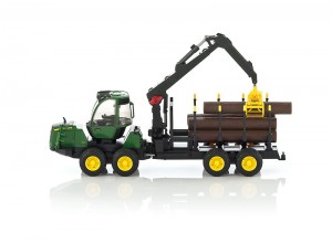 Lesnícky traktor John Deere 1210E s hydraulickou rukou, model v mierke 1:16