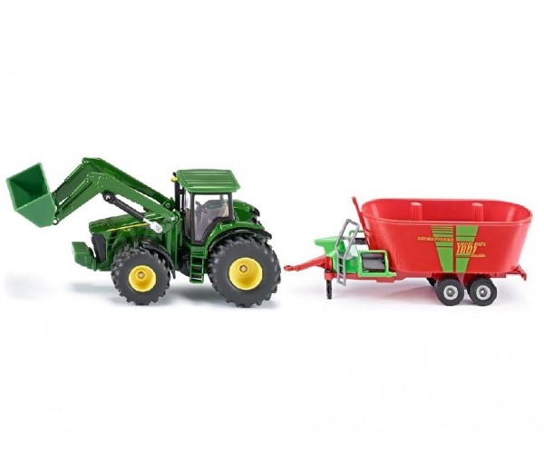 Traktor John Deere s čelným nakladačom a darčekom, model v mierke 1:50