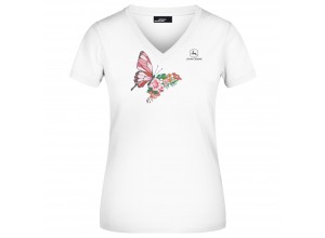 Dámske elastické tričko John Deere s obrázkom motýľ a kvet v bielej farbe