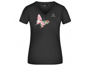 Dámske elastické tričko John Deere s obrázkom motýľ a kvet v čiernej farbe