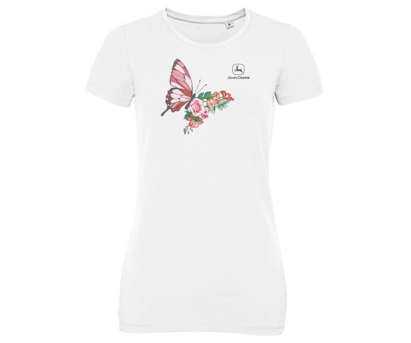 Dámske tričko John Deere s obrázkom motýľa v bielej farbe