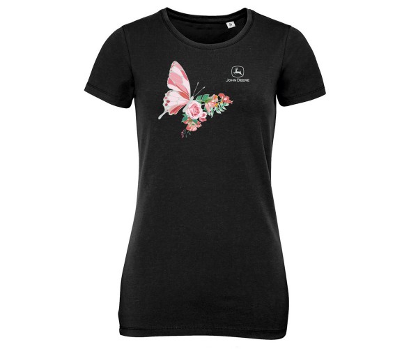Dámske tričko John Deere s obrázkom motýľa v čiernej farbe