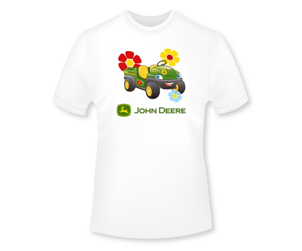 Detské tričko John Deere s obrázkom malého vozidla gator v bielej farbe