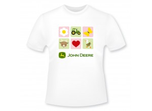 Detské tričko John Deere v bielej farbe so šiestimi obrázkami na ružovom podklade