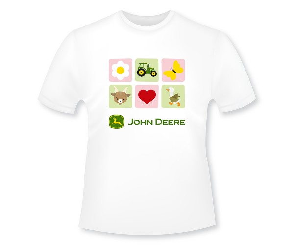 Detské tričko John Deere v bielej farbe so šiestimi obrázkami na ružovom podklade