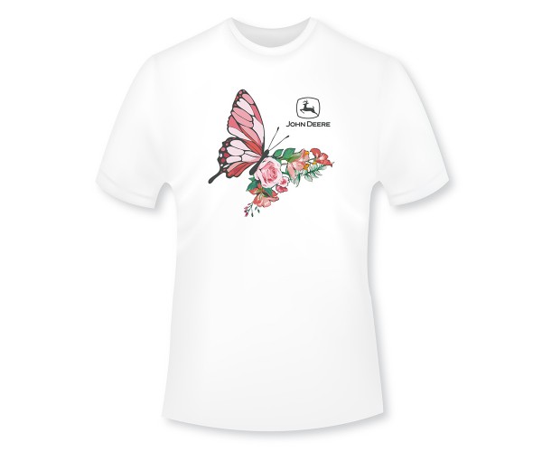 Detské tričko John Deere s obrázkom motýľ a kvet  v bielej farbe