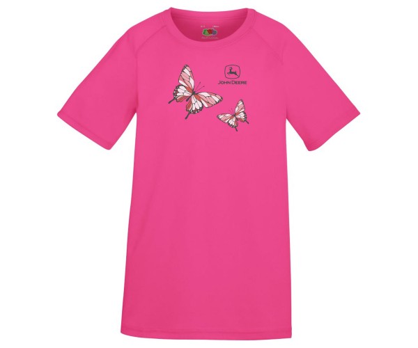 Detské športové tričko John Deere s obrázkom dvoch motýľov v tmavoružovej farbe