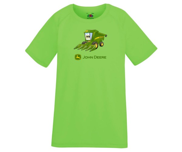 Detské športové tričko John Deere s obrázkom malého kombajnu v krikľavožltej farbe