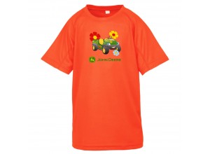 Detské športové tričko John Deere s obrázkom malého vozidla gator, krikľavo oranžové