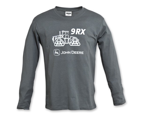 Detské tričko John Deere s dlhým rukávom a traktorom 9RX v tmavosivej farbe