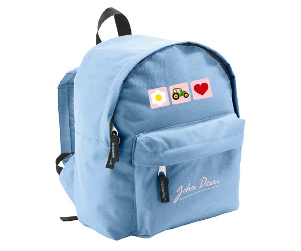 Detský batoh John Deere s 3 obrázkami na ružovom podklade, bledo modrý